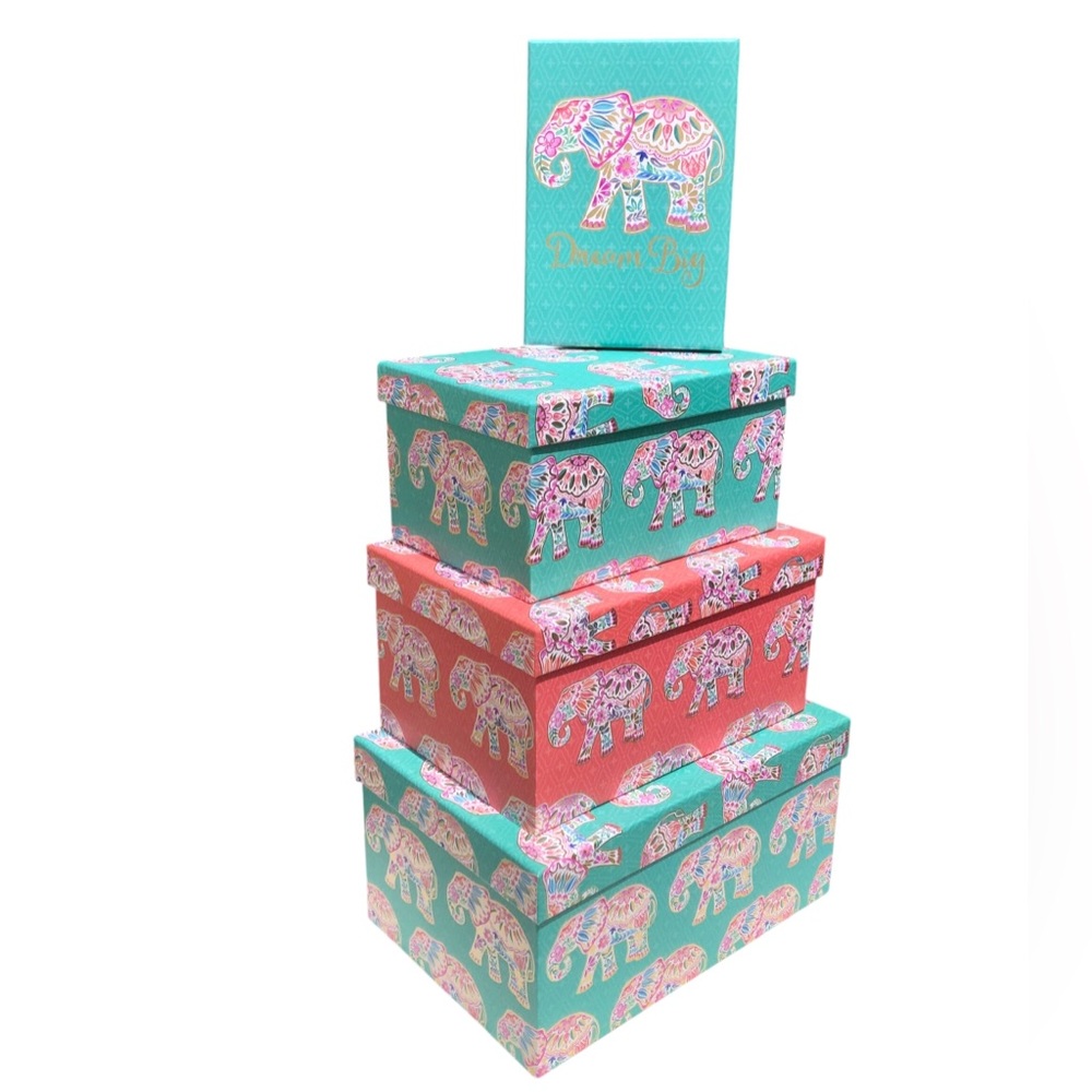 Clementine Mandela Elephant Decorative Nesting Storage Boxes - Teal & Coral 4pc